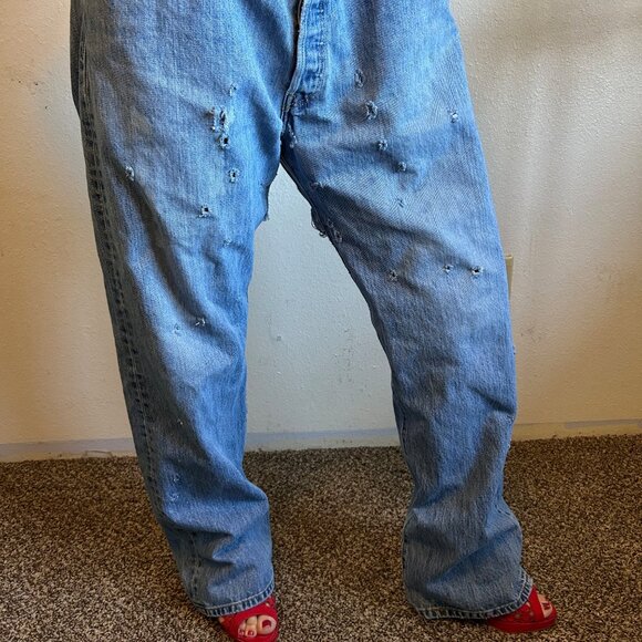 We have used 501 Button Fly Jeans Denim - Embellished by RDG "Buckshot Blues"   sizes 32 thru 38 waist the inseam is 32